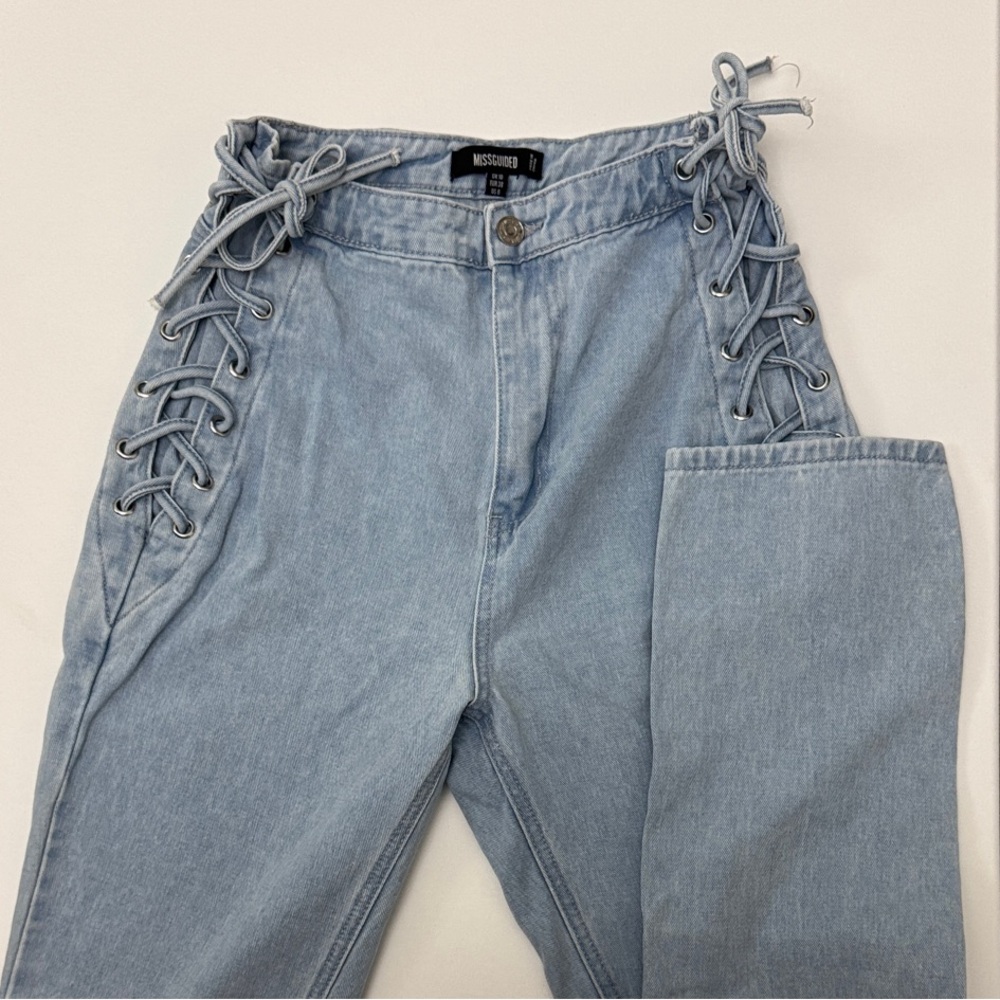 Missguided Light Blue Lace-Up Straight Leg Jeans